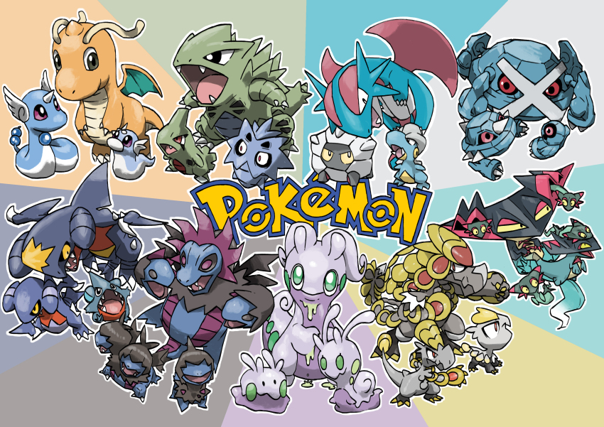 ._. absurdres animal_focus arm_up bagon beldum black_eyes black_sclera blacknirrow blank_eyes blue_gemstone bright_pupils chibi claws closed_mouth colored_sclera copyright_name covered_eyes deino_(pokemon) dragapult dragon dragonair dragonite drakloak dratini dreepy dripping english_text evolutionary_line eye_contact fang fangs floating full_body gabite garchomp gem gen_1_pokemon gen_2_pokemon gen_3_pokemon gen_4_pokemon gen_5_pokemon gen_6_pokemon gen_7_pokemon gen_8_pokemon gible goodra goomy green_eyes hakamo-o happy head_wings highres hydreigon jangmo-o kommo-o larvitar leaning_forward logo looking_at_another looking_at_viewer looking_down looking_to_the_side looking_up metagross metang multicolored_background multiple_heads nintendo no_humans no_mouth one-eyed open_mouth outline poke_ball_symbol pokemon pokemon_(creature) pupitar purple_eyes red_eyes salamence sharp_teeth shelgon sliggoo slime_(creature) slime_(substance) smile spikes standing teeth tyranitar white_eyes white_outline white_pupils white_wings wings yellow_eyes yellow_sclera zweilous