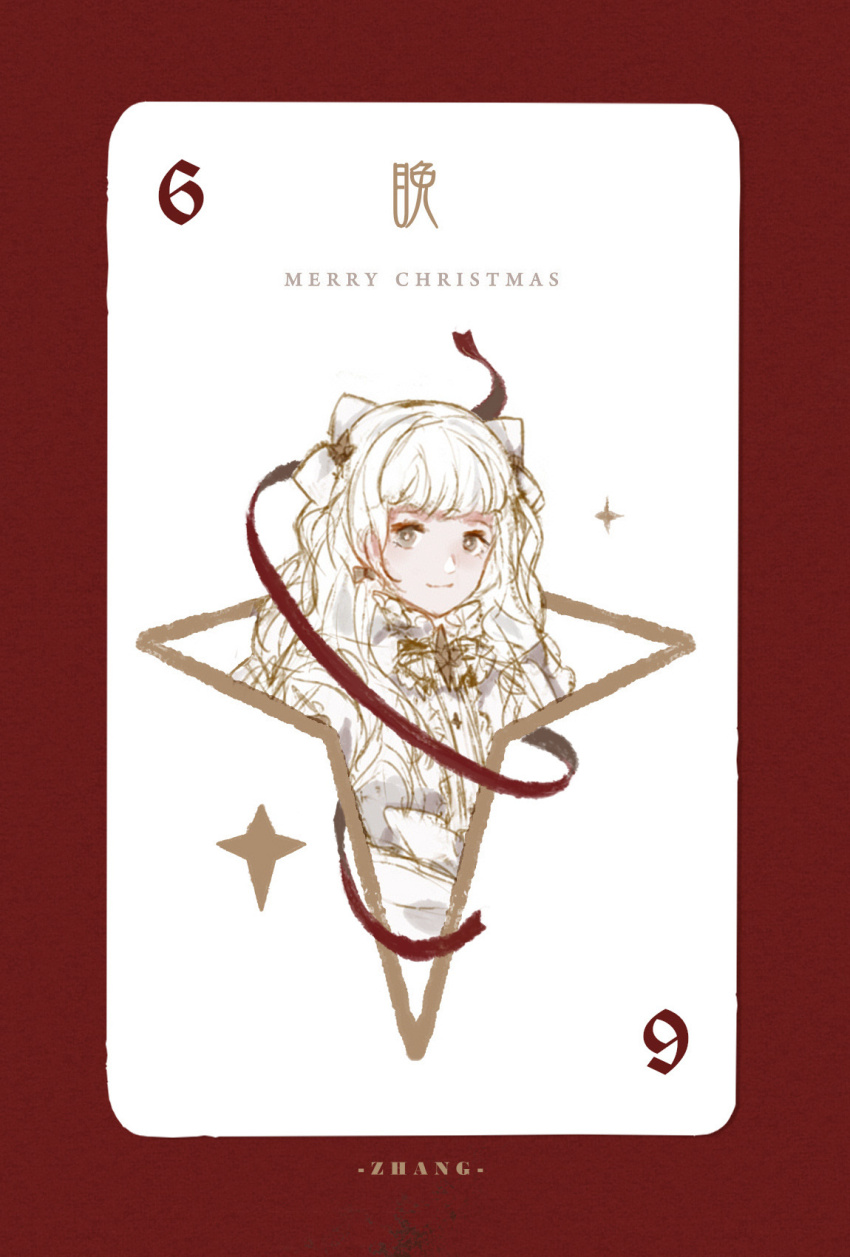 1girl artist_name blunt_bangs border bow bright_pupils card card_(medium) center_frills choker christmas closed_mouth cone_hair_bun cropped_torso double_bun dress_shirt eyelashes frilled_choker frills grey_eyes hair_bow hair_bun highres long_hair looking_at_viewer merry_christmas original playing_card red_border shirt smile solo star_(symbol) star_button stars_zhangzhang wavy_hair white_background white_bow white_choker white_hair white_pupils white_shirt white_theme