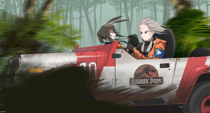 2girls absurdres amiya_(arknights) arknights black_sweater blue_eyes brown_hair car clenched_teeth commentary_request driving forehead grey_eyes grey_hair hair_between_eyes highres jacket jeep_wrangler jurassic_park logo long_hair mayer_(arknights) military_jeep motion_blur motor_vehicle multiple_girls northkiyou open_clothes open_jacket open_mouth orange_jacket ponytail profile ribbed_sweater sidelocks sweater teeth tree