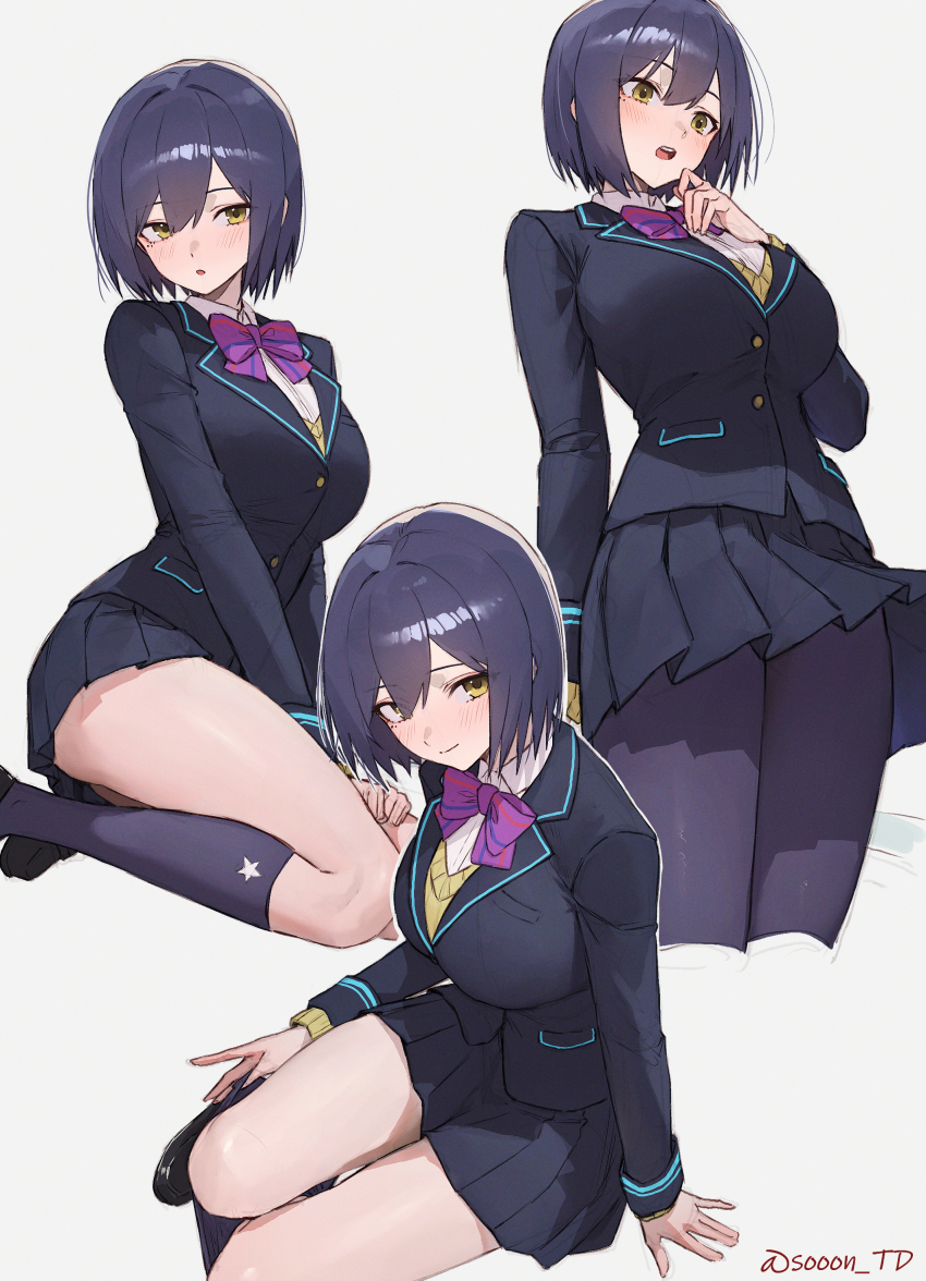 1girl :o absurdres artist_name black_pantyhose black_shoes black_socks blazer blue_hair blue_jacket blue_skirt blush bow bowtie breasts closed_mouth clothes_pull collared_shirt cowboy_shot double-parted_bangs dress_shirt from_side grey_background hair_between_eyes hand_up highres jacket kneehighs lapels large_breasts light_smile loafers long_sleeves looking_at_viewer miniskirt multiple_views nijisanji notched_lapels open_mouth pantyhose pantyhose_pull parted_lips pleated_skirt pocket purple_bow purple_bowtie school_uniform shirt shizuka_rin shizuka_rin_(1st_costume) shoes short_hair simple_background sitting skirt socks sooon standing striped_bow striped_bowtie striped_clothes sweater teeth thighs tongue twitter_username v-neck virtual_youtuber watermark white_background white_shirt wind wind_lift wing_collar winter_uniform yellow_eyes yellow_sweater yokozuwari