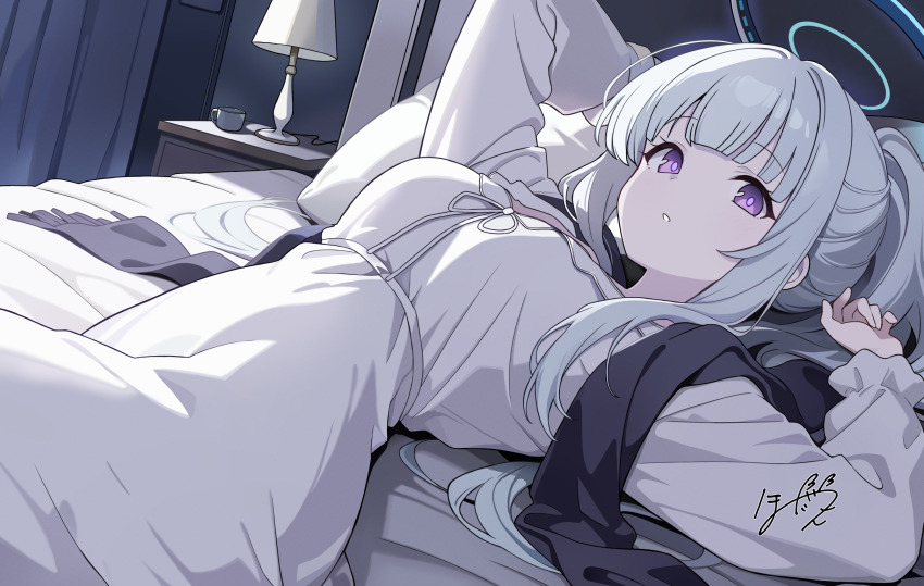 1girl arms_up black_shawl blue_archive breasts desk_lamp frilled_pajamas frills halo highres honyara-san indoors lamp large_breasts long_hair looking_at_viewer lying mechanical_halo nightgown noa_(blue_archive) noa_(pajamas)_(blue_archive) official_alternate_costume official_alternate_hairstyle on_back on_bed pajamas purple_eyes shawl signature solo very_long_hair white_hair white_halo white_nightgown white_pajamas