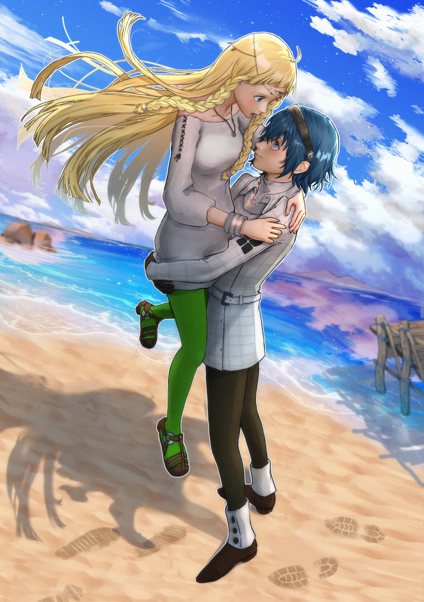 1boy 1girl absurdres beach black_hairband black_pants blonde_hair blue_eyes blue_hair blue_sky braid carrying carrying_person closed_mouth cloud commentary_request commission dark-skinned_female dark-skinned_male dark_skin day dress eupha_(metaphor:_refantazio) eva02asuka0608 floating_hair green_pantyhose hairband heterochromia highres jacket long_hair long_sleeves looking_at_another metaphor:_refantazio ocean outdoors pants pantyhose pixiv_commission protagonist_(metaphor:_refantazio) purple_eyes shadow short_hair sky smile third_eye twin_braids water white_dress white_jacket yellow_eyes