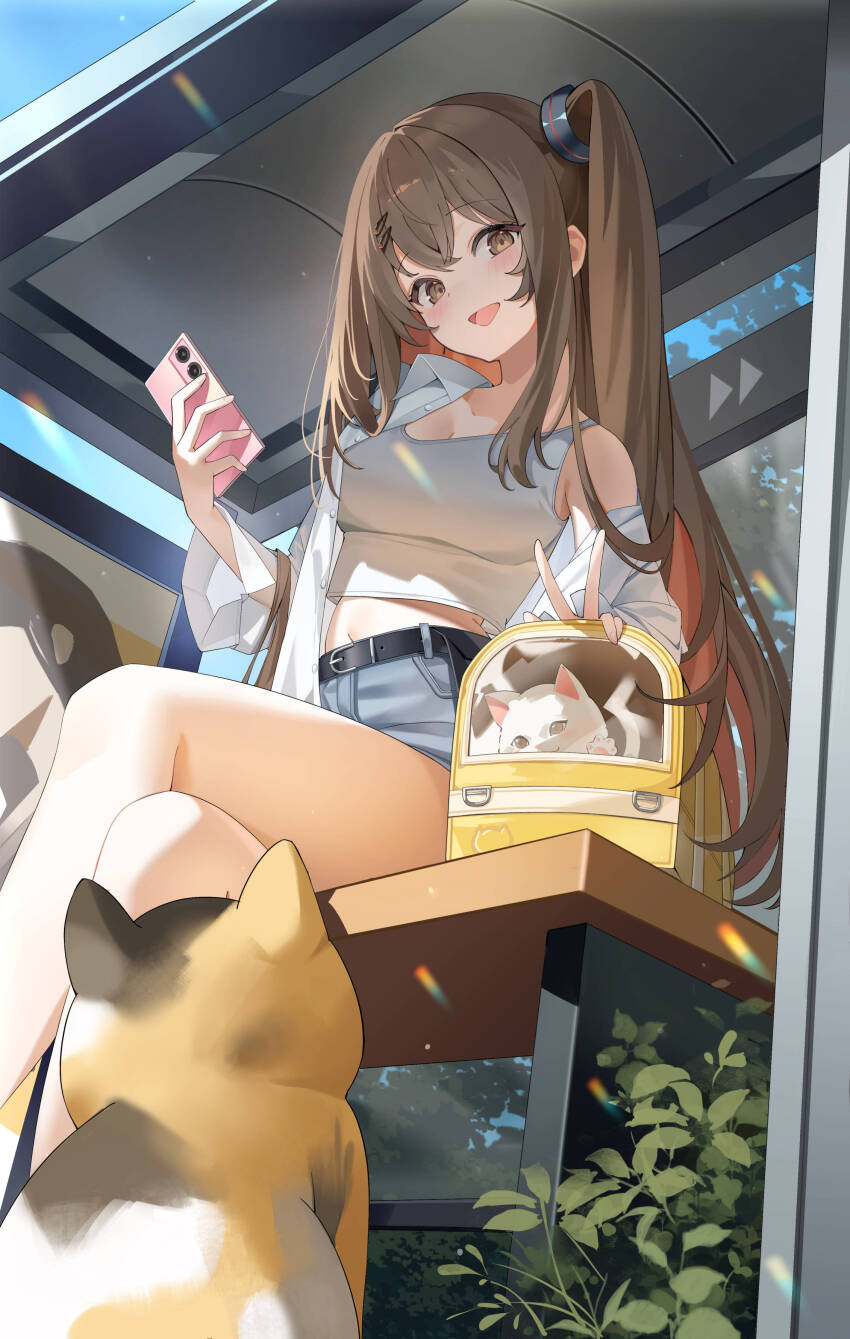 1girl absurdres alternate_costume breasts brown_eyes brown_hair bus_terminal cat commentary_request crop_top crossed_legs denim denim_skirt girls&#039;_frontline girls&#039;_frontline_2:_exilium grey_skirt highres holding holding_phone k2_(girls&#039;_frontline) legs long_hair looking_at_viewer medium_breasts midriff one_side_up open_clothes open_mouth open_shirt outdoors phone shirt single_bare_shoulder sitting skirt smile tank_top thighs v wh0_r_uo_o white_shirt white_tank_top yoohee_(girls&#039;_frontline_2)