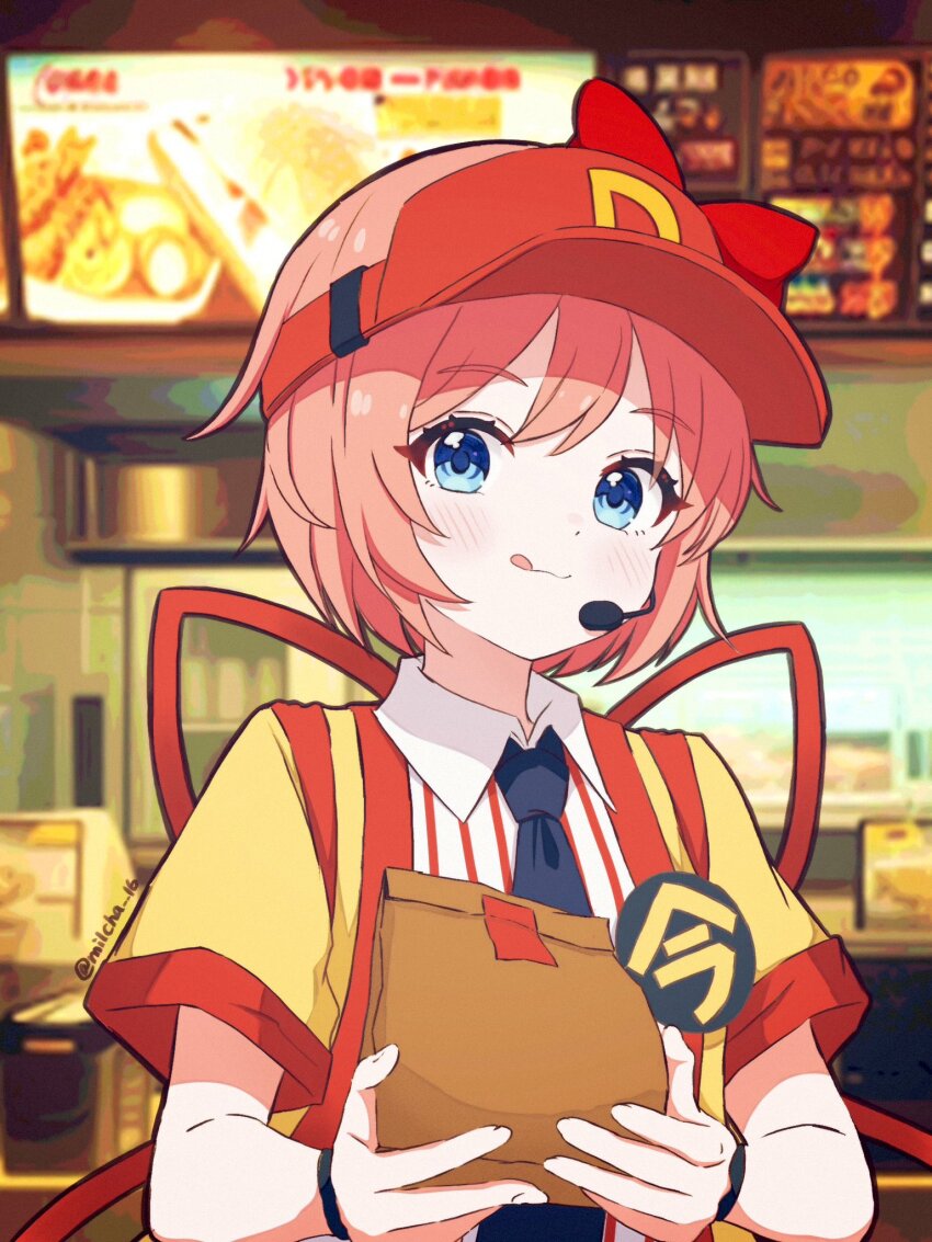 black_necktie blue_eyes cosplay doki_doki_literature_club imadake_dabuchi_tabemi employee_uniform fast_food_uniform highres imadake_dabuchi_tabemi_(cosplay) light_blush looking_at_viewer mcdonald&#039;s microphone milcha_16 necktie pink_hair red_visor sayori_(doki_doki_literature_club) tongue tongue_out