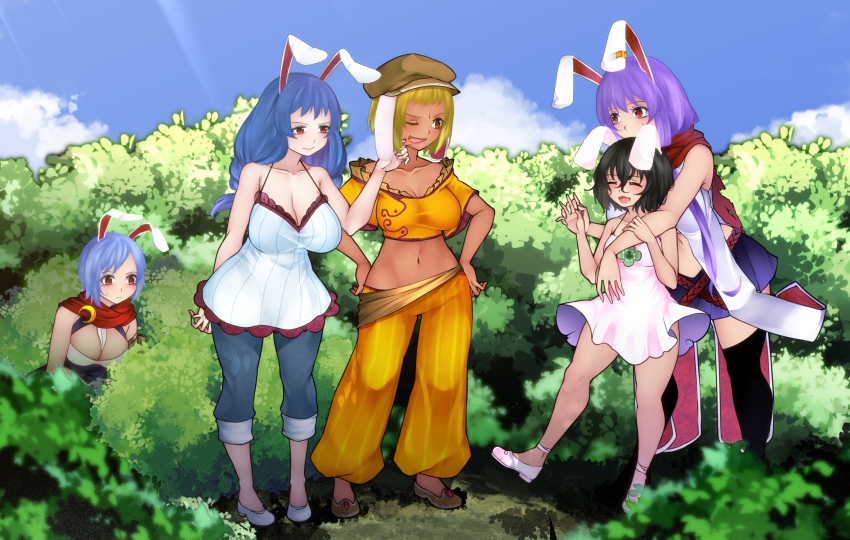 4girls alternate_costume animal_ears aoshima black_hair blonde_hair blue_hair breasts camisole capri_pants cheek_pinching cleavage commentary_request earrings facial_mark flat_cap forehead_mark hat highres inaba_tewi jewelry large_breasts medium_breasts midriff miniskirt multiple_girls navel pants pinching purple_hair rabbit_ears red_eyes red_scarf reisen_(touhou_bougetsushou) reisen_udongein_inaba ringo_(touhou) scarf seiran_(touhou) single_earring skirt small_breasts touhou