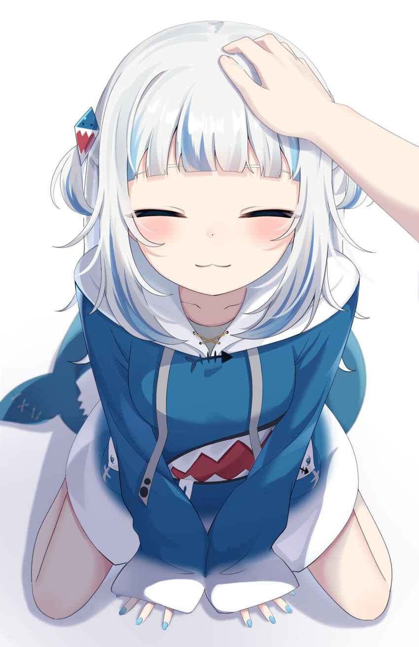 1girl 1other :3 absurdres blue_hair blue_hoodie blue_nails blush closed_eyes closed_mouth fins fish_tail gawr_gura gawr_gura_(1st_costume) hair_ornament headpat highres hololive hololive_english hood hoodie multicolored_hair shark_girl shark_hair_ornament shark_print shark_tail simple_background snmdx streaked_hair tail two_side_up virtual_youtuber white_background white_hair