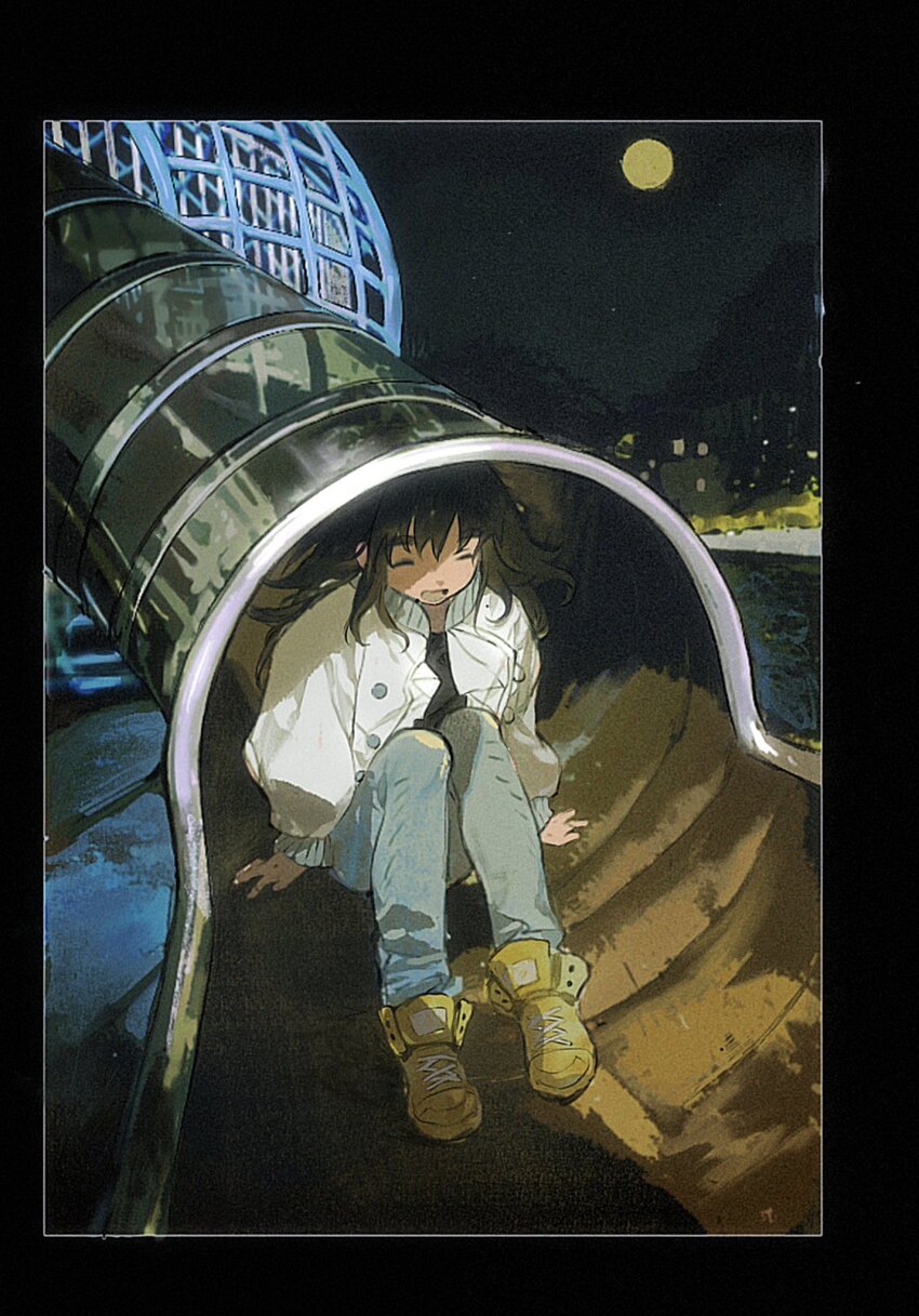 1girl blue_pants bomber_jacket brown_hair closed_mouth denim high_tops highres jacket jeans kiruko_(tengoku_daimakyou) lelebus long_hair moon night open_mouth pants post-apocalypse shirt shoes simple_background smile sneakers solo tengoku_daimakyou waterpark white_jacket