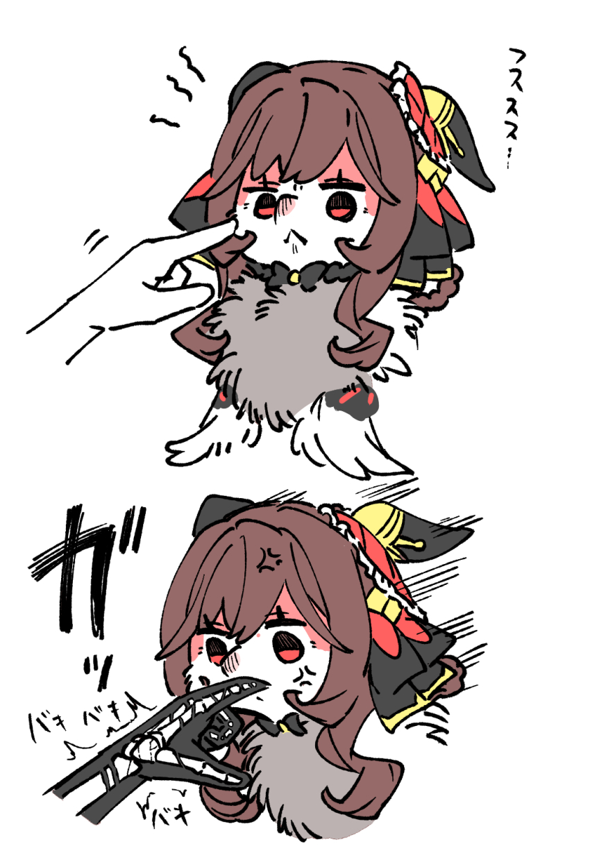 :&lt; anger_vein animal_ears animalization biting biting_finger black_bow black_bowtie bone bow bowtie braid braided_hair_rings broken_bone cheek_poking creature ear_ornament ears_back gentildonna_(umamusume) hair_rings highres horse_ears long_hair motion_lines poking red_eyes sidelocks sound_effects sound_effects_only speed_lines takatsuki_nato umamusume x-ray