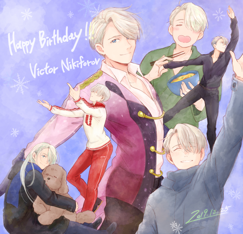 1boy 2019 ^_^ aged_down arm_up blue_eyes bowl chopsticks closed_eyes coat collared_shirt dated dog food hair_over_one_eye happy_birthday heart-shaped_mouth highres ice_skates japanese_clothes jinbei_(clothes) katsudon_(food) makkachin male_focus open_mouth scarf shirt silver_hair skates smile snowflakes takeshi_(mononohu20) viktor_nikiforov yuri!!!_on_ice