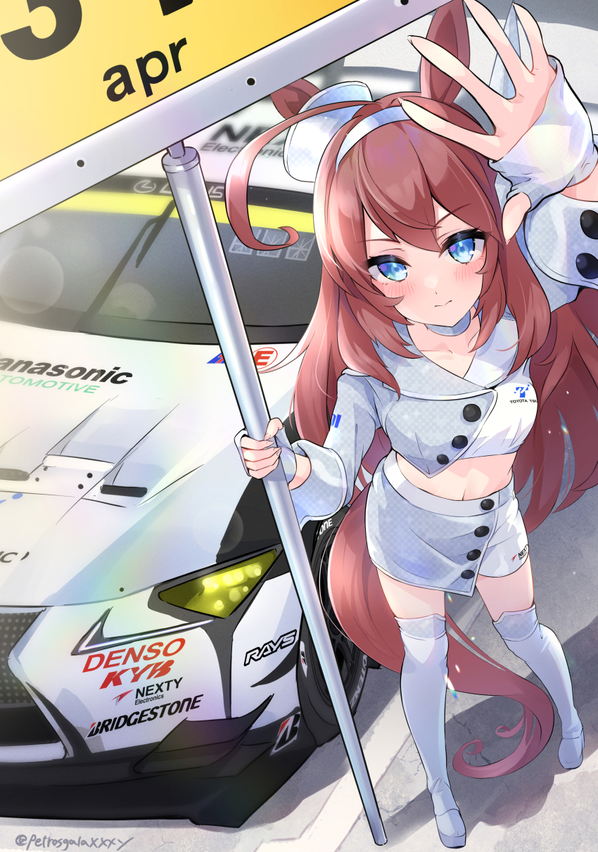 1girl absurdres ahoge animal_ears blue_eyes blush boots brown_hair car crop_top fingerless_gloves gloves grey_gloves grey_hairband hair_between_eyes hairband highres horse_ears horse_girl horse_tail lexus lexus_lc long_hair looking_at_viewer midriff mihono_bourbon_(umamusume) motor_vehicle navel official_alternate_costume peteron race_queen race_vehicle racecar skirt solo super_gt tail thigh_boots twitter_username umamusume vehicle_focus