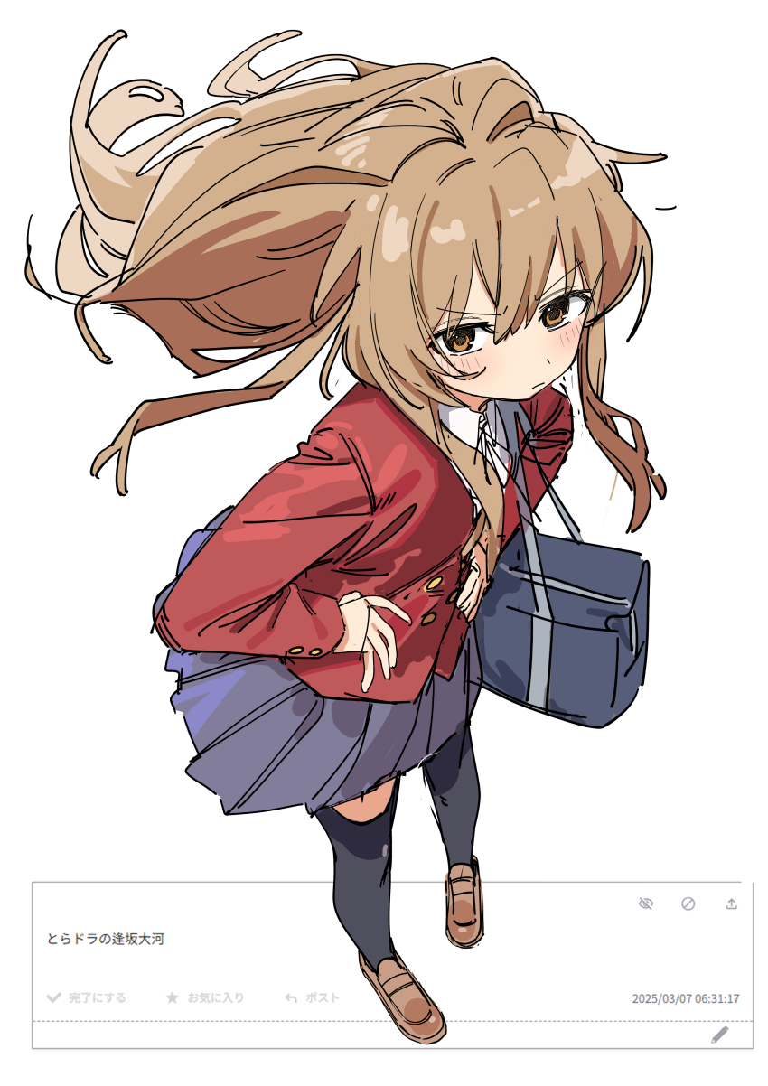 1girl absurdres aisaka_taiga bag black_thighhighs blazer blue_skirt brown_eyes brown_hair collared_shirt dress_shirt haruyuki_(gffewuoutgblubh) highres jacket long_hair looking_at_viewer oohashi_high_school_uniform pleated_skirt red_jacket request_inset school_bag school_uniform shirt simple_background skirt solo thighhighs toradora! white_background white_shirt