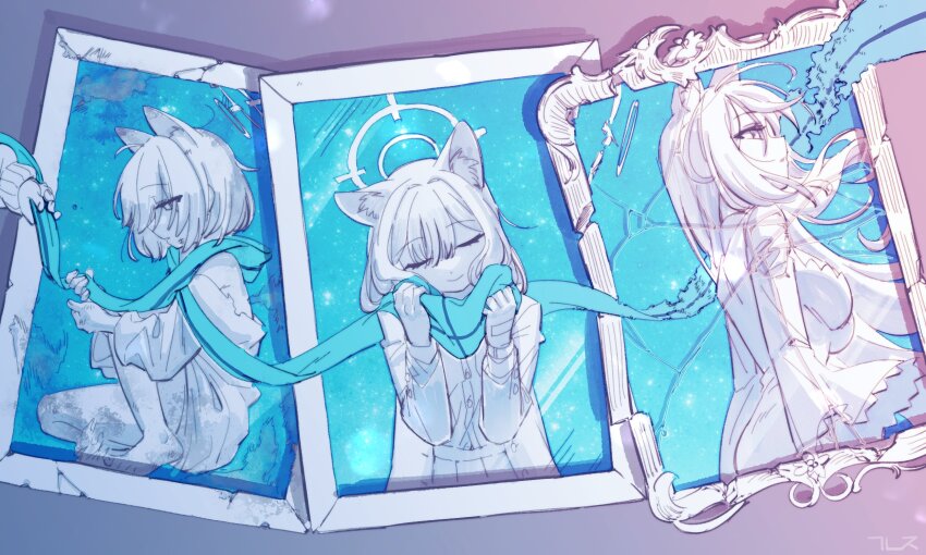 2girls blue_archive blue_scarf broken_glass broken_halo closed_eyes dress glass halo highres hobgoblin-kim monochrome multiple_girls photo_(object) pleated_skirt scarf shiroko_(blue_archive) shiroko_(young)_(blue_archive) shiroko_terror_(blue_archive) skirt smile spot_color