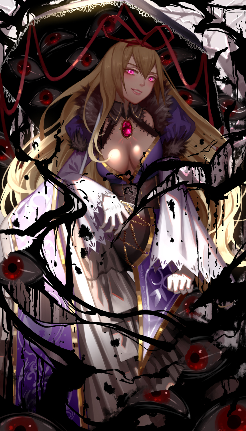 1girl absurdres alternate_eye_color backlighting bare_tree black_corset breasts brooch cleavage corset dated dress eye_focus floating full_body fur_trim gap_(touhou) gloves glowing glowing_eyes glowing_jewelry gradient_clothes grey_background grin hair_between_eyes hair_ribbon head_tilt highres jewelry koumajou_densetsu layered_clothes long_skirt long_sleeves looking_at_viewer medium_breasts ooze parted_bangs pink_eyes pink_lips puffy_long_sleeves puffy_sleeves purple_dress purple_umbrella red_eyes red_ribbon ribbon ribbon_trim shiny_skin sidelighting sideways_glance sitting skirt smile solo touhou tree twitter_username umbrella white_gloves white_skirt wide_sleeves yakumo_yukari yin_yang yin_yang_print ze_xia
