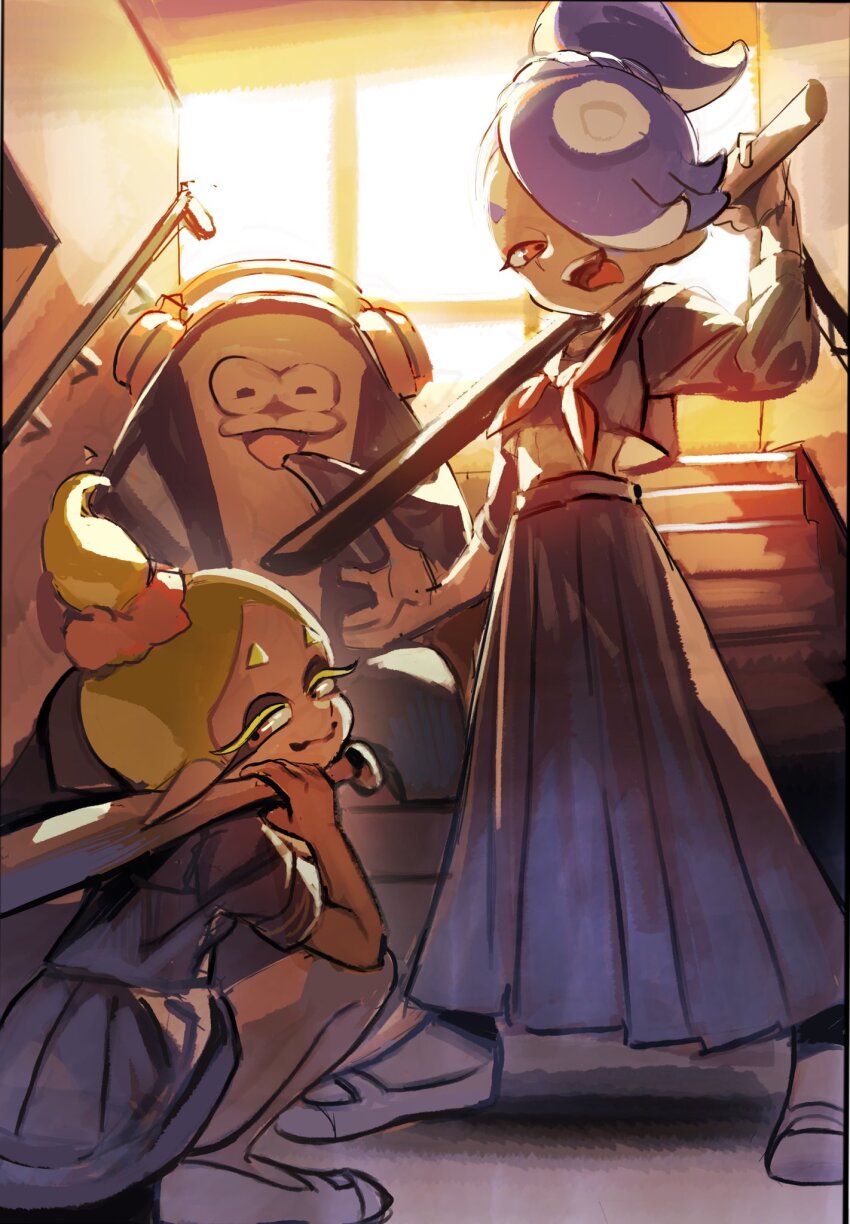 1boy 2girls alternate_costume alternate_hairstyle baseball_bat big_man_(splatoon) big_man_(young)_(splatoon) black_serafuku blonde_hair blue_hair crop_top crop_top_overhang delinquent frye_(splatoon) frye_(young)_(splatoon) headphones highres holding holding_baseball_bat holding_weapon indoors inkling long_skirt looking_at_viewer manta_ray midriff multiple_girls nintendo nomu_(29_nom) octoling ponytail red_eyes school_uniform serafuku shiver_(splatoon) shiver_(young)_(splatoon) shoes sitting sitting_on_stairs skirt smile splatoon_(series) splatoon_3 stairs standing sukeban tentacle_hair tongue tongue_out uwabaki weapon white_footwear window
