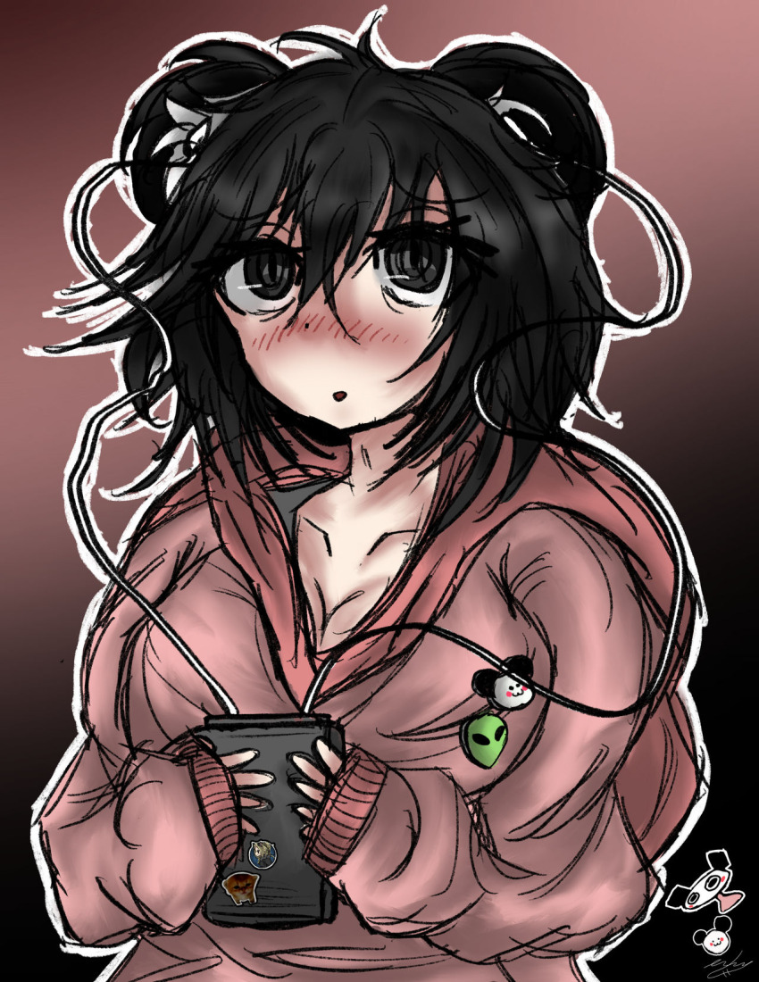 1girl ahoge animal_ears apandah_(youtube) artist_request bear_ears black_background black_eyes black_hair blush breasts cleavage collarbone earphones female_focus genderswap genderswap_(mtf) gradient_background hair_between_eyes highres hood hoodie large_breasts messy_hair panda panda_ears pink_hoodie raised_eyebrows short_hair simple_background solo solo_focus tagme youtube