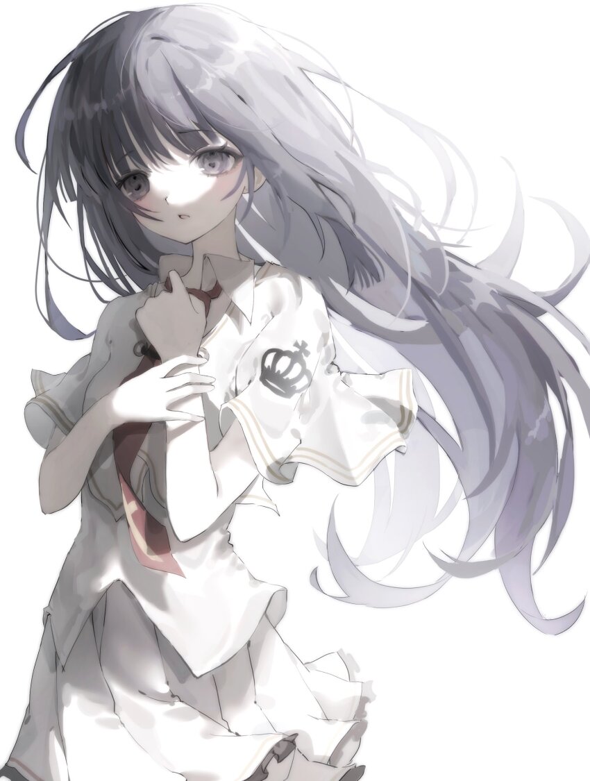 1girl black_hair capelet collared_shirt cross cross_print crown_print floating_hair frilled_skirt frills glowing grey_eyes hand_on_own_chest highres long_hair looking_at_viewer mule_al necktie pale_skin parted_lips pleated_skirt print_capelet print_necktie school_uniform shirt short_sleeves simple_background skirt solo subarashiki_hibi takashima_zakuro white_background