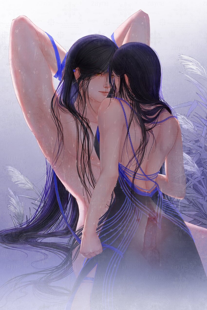 1girl backless_dress backless_outfit bound bound_wrists chang_le_an clothed_female_nude_male commentary_request dress erection highres long_hair love_and_deepspace nude penis simple_background very_long_hair water water_drop wet wet_hair zayne_(love_and_deepspace)