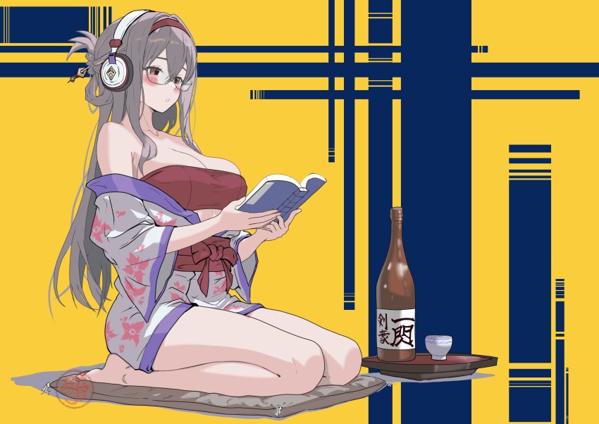 1977_oj3 1girl absurdres alternate_costume bandeau bare_legs blue_background blush book bottle breasts brown_eyes choko_(cup) cleavage commentary_request cup double-parted_bangs floral_print floral_print_kimono folded_ponytail full_body goddess_of_victory:_nikke hair_rings headphones highres holding holding_book japanese_clothes kimono large_breasts long_hair off_shoulder on_pillow print_kimono reading red_bandaid red_bandeau red_sash sake_bottle sash scarlet_(nikke) seiza semi-rimless_eyewear single_hair_ring sitting solo tray two-tone_background under-rim_eyewear yellow_background