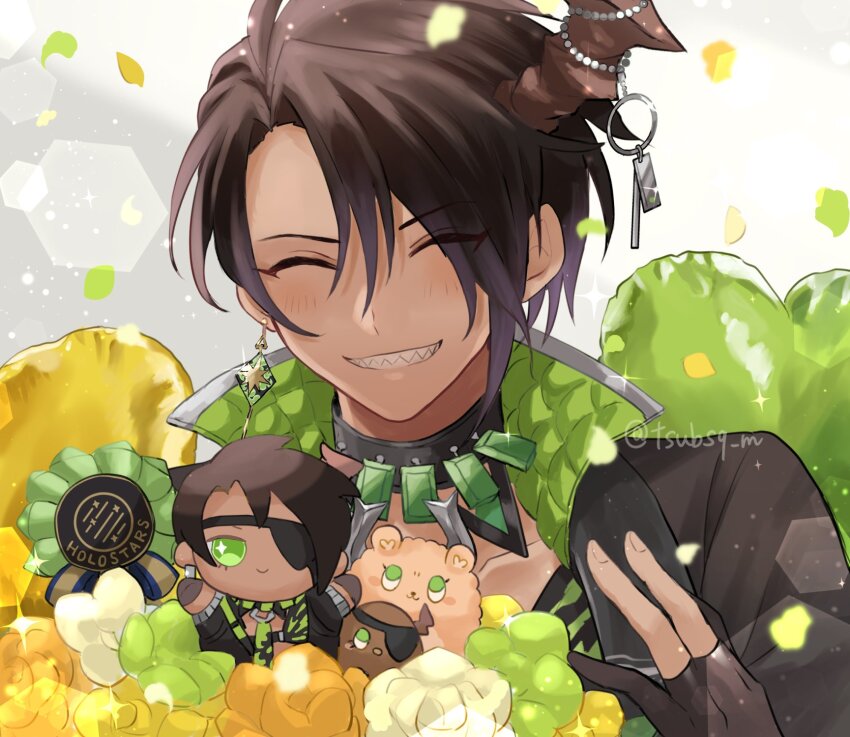 1boy aragami_oga aragami_oga_(1st_costume) balloon black_hair blush character_doll closed_eyes commentary dark-skinned_male dark_skin earrings falling_petals flower gloves hair_between_eyes heart_balloon highres holostars horn_ornament horns jacket jewelry light_particles looking_at_viewer male_focus mioto_(tsubsq_m) padded_jacket petals sharp_teeth short_hair single_earring single_horn smile sparkle teeth upper_body virtual_youtuber white_flower yellow_flower