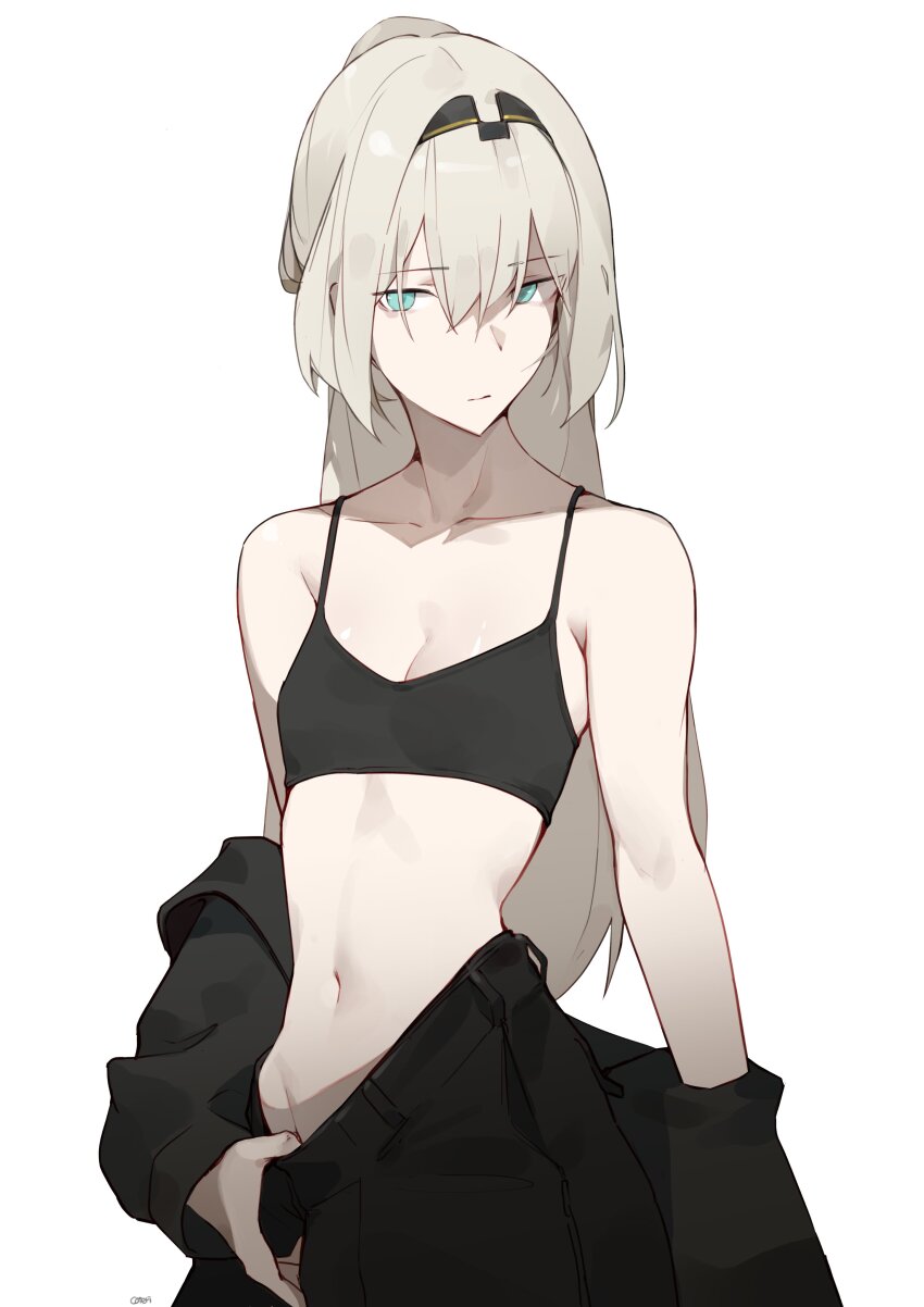 1girl absurdres an-94_(girls&#039;_frontline) aqua_eyes black_bra black_hairband black_pants blonde_hair bra collarbone coteri girls&#039;_frontline hairband highres long_hair navel pants simple_background solo underwear white_background