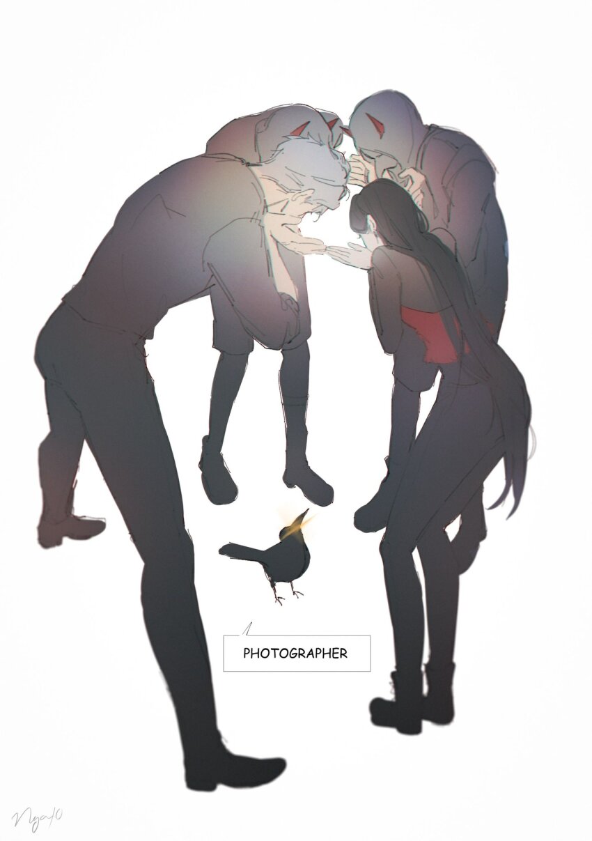 1girl 1other 3boys bird bird_mask black_bird boots brown_hair crow full_body highres hood hood_up kieran_(love_and_deepspace) long_hair long_sleeves love_and_deepspace luke_(love_and_deepspace) mask mephisto_(love_and_deepspace) multiple_boys ng_ai0 pants protagonist_(love_and_deepspace) shirt short_hair sylus_(love_and_deepspace) white_background white_hair