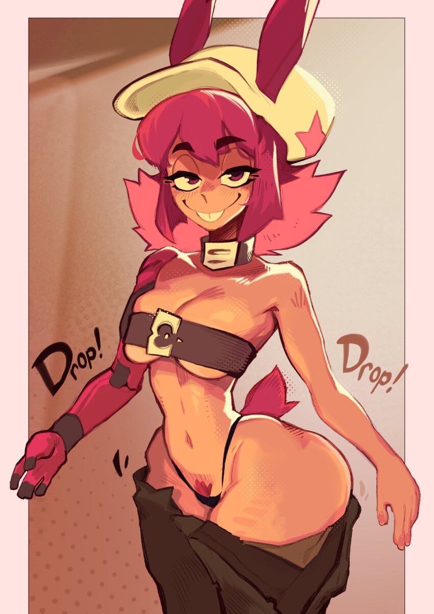 1girl animal_ears bare_shoulders belt belt_over_clothes blush breasts brown_background cherry_(zephyr_gales) clothes_pull curvy fangs gradient_background grey_background hat large_breasts mechanical_arms navel original pants pants_pull pink_eyes pink_hair polka_dot polka_dot_background pubic_hair rabbit_ears rabbit_tail single_mechanical_arm smile tail thighs torn_clothes zephyrgales
