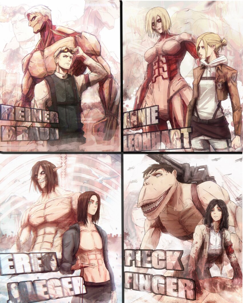 2boys 2girls absurdres annie_leonhart armband armored_titan bare_pectorals black_eyes black_hair blood blood_on_hands breasts brown_hair cart_titan character_name eren_yeager female_titan founding_titan giant giant_male giantess goggles goggles_on_head highres long_hair looking_at_viewer medium_breasts multiple_boys multiple_girls official_alternate_costume pectorals pieck_finger reiner_braun ribs rogue_titan shingeki_no_kyojin shirt short_hair spoilers stephengiannart titan_(shingeki_no_kyojin) toned toned_male