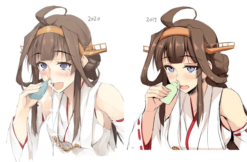 ahoge artist_progress brown_hair detached_sleeves double_bun hair_bun hairband headgear highres kantai_collection kongou_(kancolle) long_hair open_mouth redrawn zekkyon