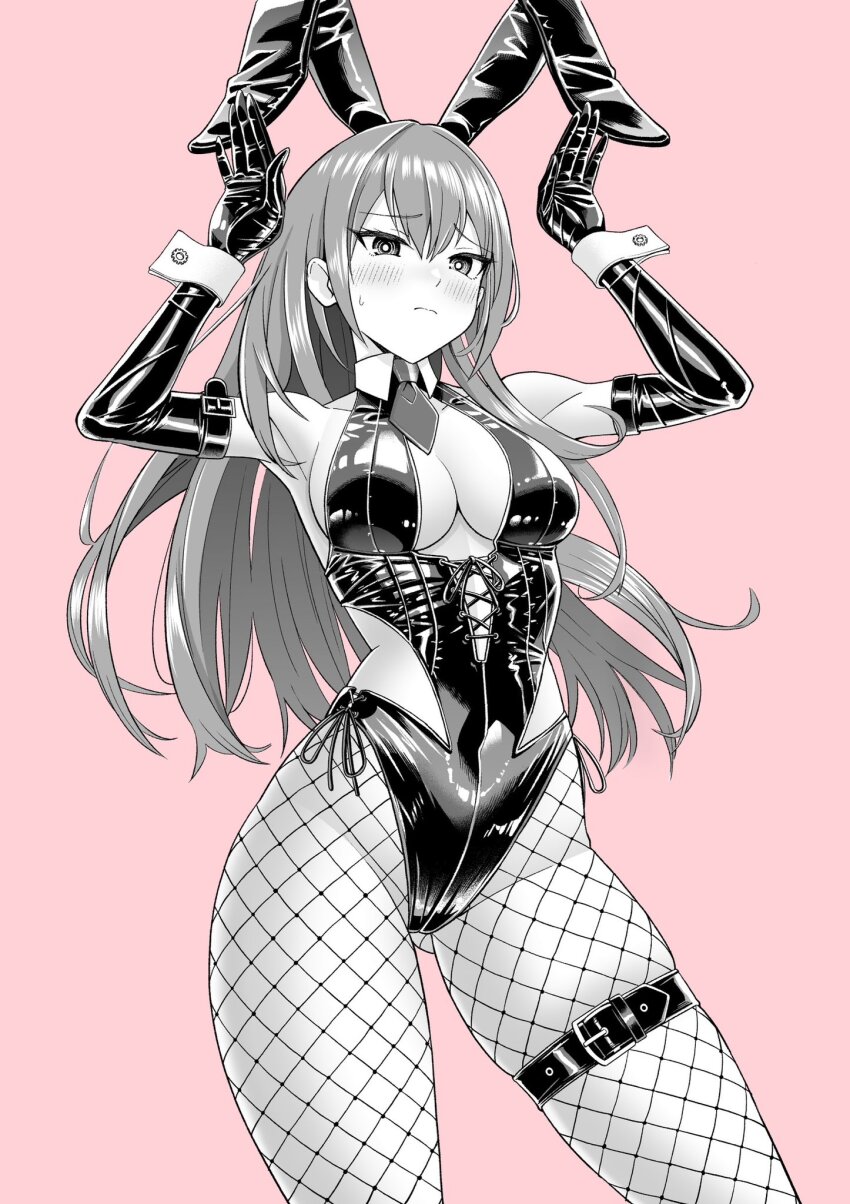 1girl animal_ears belt blush breasts cowboy_shot elbow_gloves embarrassed fake_animal_ears fishnet_pantyhose fishnets gloves highres hip_vent leotard long_hair makise_kurisu medium_breasts mshr1003 necktie nontraditional_playboy_bunny official_alternate_costume pantyhose playboy_bunny rabbit_pose simple_background skindentation steins;gate thigh_belt thigh_strap wrist_cuffs