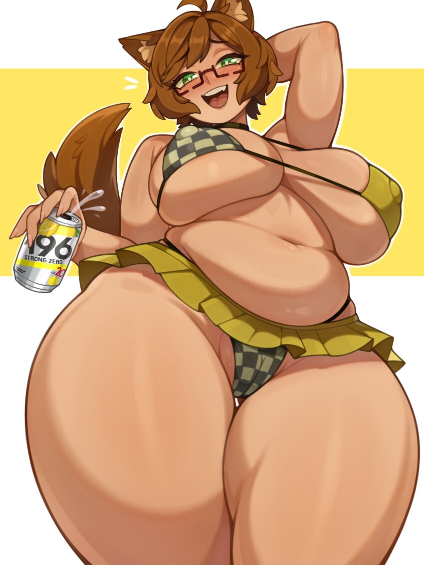 1girl absurdres ahoge animal_ear_fluff animal_ears arm_behind_head bikini blush breasts breasts_apart brown_hair brown_tail cameltoe commentary commission covered_erect_nipples cowboy_shot english_commentary green_eyes highres holding huge_breasts indie_virtual_youtuber large_breasts medium_hair melonpuff mint_castella navel open_mouth outline plump semi-rimless_eyewear simple_background solo string_bikini strong_zero swimsuit thick_thighs thighs under-rim_eyewear virtual_youtuber white_background white_outline wide_hips
