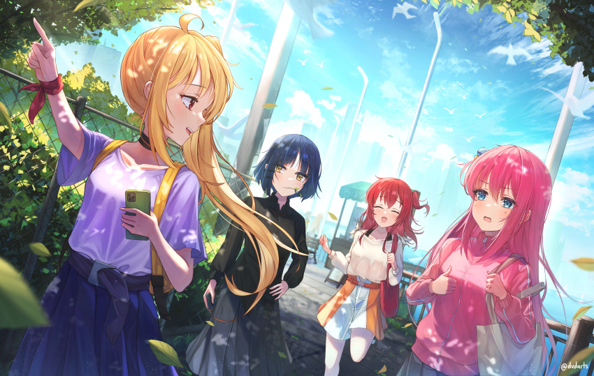 4girls absurdres ahoge bag belt blonde_hair blue_eyes blue_hair blue_skirt bocchi_the_rock! branch brown_eyes chain-link_fence closed_mouth cube_hair_ornament dvdarts fence gotoh_hitori green_eyes grey_skirt hair_between_eyes hair_ornament hair_over_eyes highres ijichi_nijika jacket kita_ikuyo leaf long_hair mole mole_under_eye multiple_girls one_side_up open_mouth outdoors pink_hair pink_jacket pleated_skirt purple_shirt red_hair shirt shirt_tucked_in short_hair short_sleeves side_ponytail sidelocks skirt sky smile tote_bag track_jacket yamada_ryo yellow_eyes