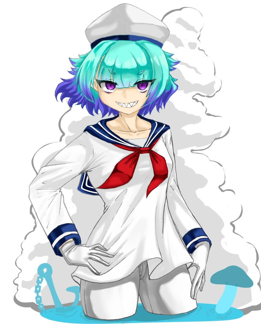 1girl alternate_costume anchor bags_under_eyes blunt_bangs commentary_request fate/grand_order fate_(series) gloves green_hair grin highres locusta_(fate) multicolored_hair mushroom nubebenbe pants partially_submerged purple_eyes purple_hair school_uniform serafuku sharp_teeth smile solo teeth two-tone_hair water white_background white_gloves white_pants white_serafuku