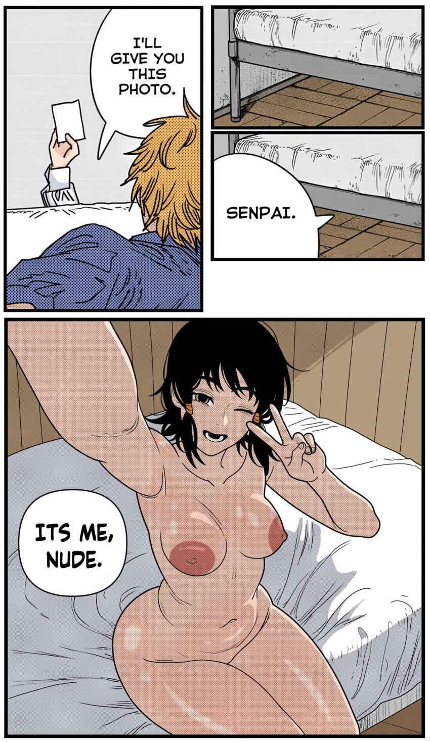 1boy 1girl armpits bed belly ben-day_dots black_hair blonde_hair breasts chainsaw_man collarbone colorized completely_nude curvy denji_(chainsaw_man) derivative_work freshnsfw gonzalocosta888 highres huge_areolae mifune_fumiko navel nipples nude open_mouth screentones selfie short_hair sitting smile thick_thighs thighs wide_hips yellow_eyes
