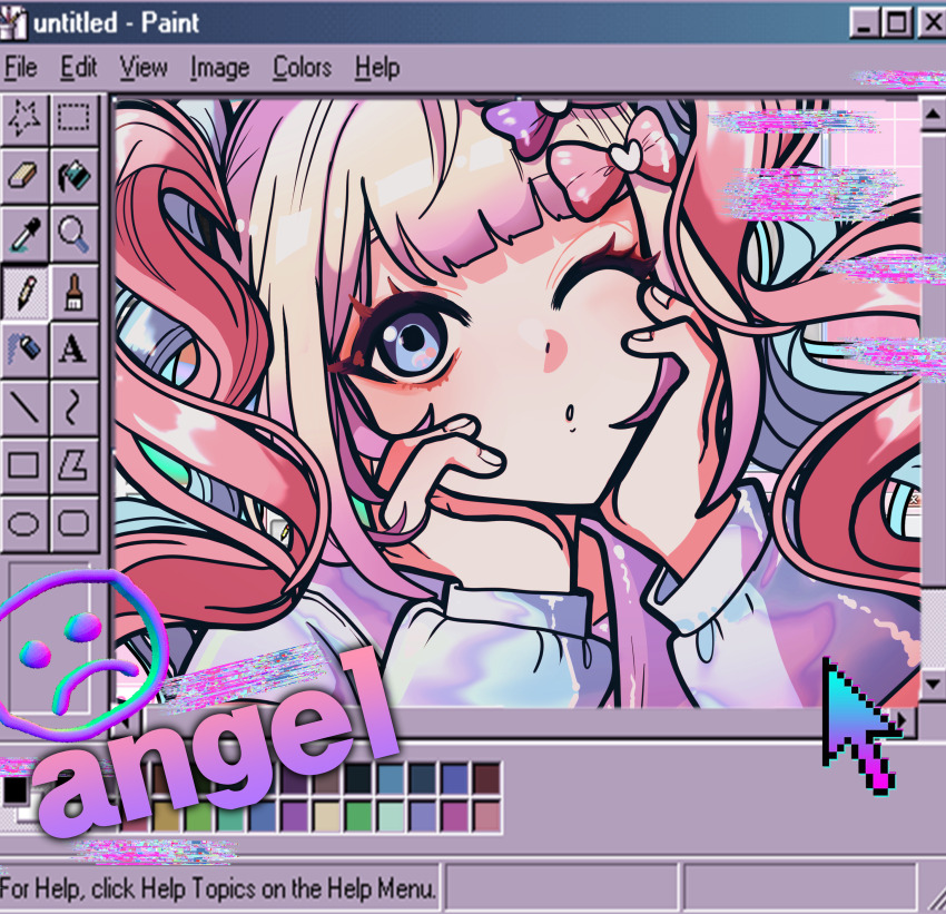 1girl absurdres black_outline blue_eyes blue_hair blunt_bangs bow chouzetsusaikawa_tenshi-chan close-up closed_mouth commentary cursor dot_mouth dot_nose english_commentary english_text glitch hands_on_own_cheeks hands_on_own_face highres holographic_clothing khkh0818 looking_at_viewer microsoft_paint_(software) microsoft_windows needy_girl_overdose one_eye_closed outline pink_bow pink_hair purple_bow quad_tails sidelocks solo thick_outlines upper_body window_(computing) windows_98 windows_classic