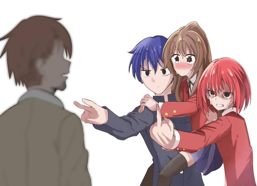 2boys 2girls aisaka_rikuro aisaka_taiga anger black_jacket blue_hair blue_skirt brown_hair carrying clenched_teeth crying crying_with_eyes_open highres jacket komi-san_wa_komyushou_desu kushieda_minori meme middle_finger multiple_boys multiple_girls no_background no_mouth parody pointing real_husbands_of_hollywood red_hair red_jacket school_uniform shaded_face shirt skirt takasu_ryuuji tears teeth toradora! white_shirt yukiart_83