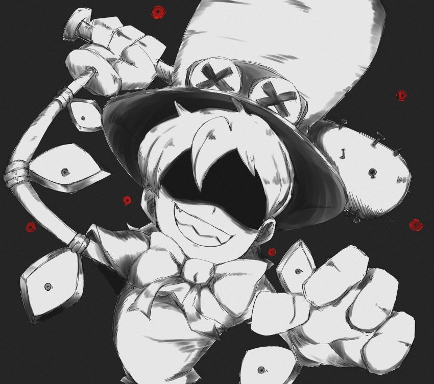 1girl absurdres baseball_bat black_background bow bowtie cyborg facing_viewer gloves grin hat highres mentos_toufu nail_(hardware) nail_bat peacock_(skullgirls) shaded_face sharp_teeth short_hair skullgirls smile solo teeth top_hat upper_body