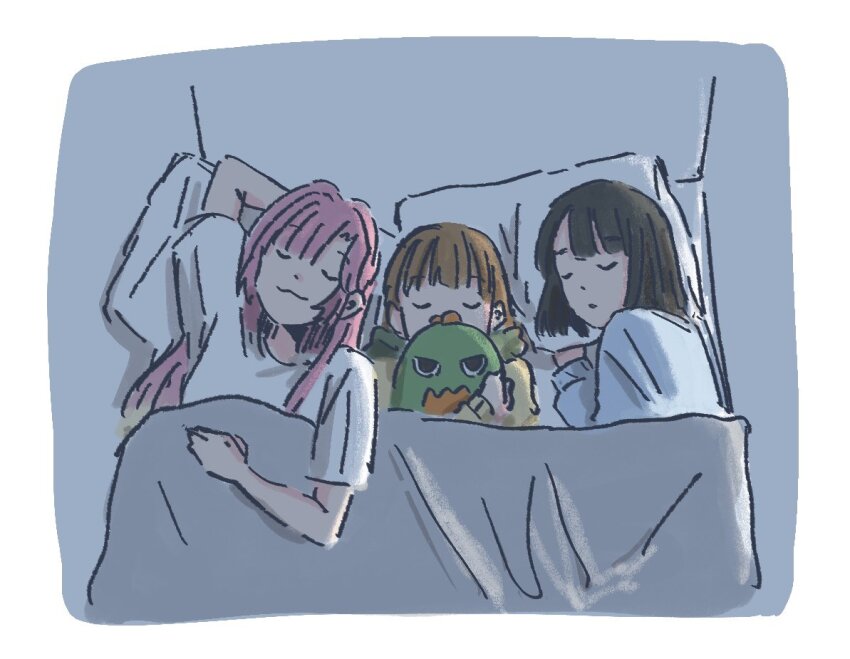 3girls :3 anyoji_hime anyoji_hime_(summer_loungewear) arm_up black_hair blonde_hair blue_cardigan blunt_bangs blunt_ends brown_hair cardigan closed_eyes closed_mouth commentary gonzales_(love_live!) hood hood_down hoodie hugging_doll hugging_object kachimachi_kosuzu kachimachi_kosuzu_(summer_loungewear) link!_like!_love_live! long_hair long_sleeves love_live! lying mizoe momose_ginko momose_ginko_(summer_loungewear) multiple_girls on_back on_bed on_side parted_lips pink_hair shirt short_hair short_sleeves sleeping sleeping_together smile stuffed_animal stuffed_dinosaur stuffed_toy symbol-only_commentary t-shirt u_u virtual_youtuber white_shirt yellow_hoodie
