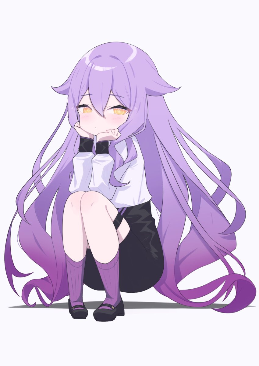 1girl absurdres black_shoes black_skirt blush burumanoeat closed_mouth commentary_request full_body grey_background hair_between_eyes highres honkai_(series) honkai_impact_3rd long_sleeves pigeon-toed puffy_long_sleeves puffy_sleeves purple_hair purple_socks ribbed_socks shadow shirt shoes simple_background sirin sirin_(magic_academy_uniform) sirin_(miracle_magical_girl) skirt socks solo squatting white_shirt yellow_eyes