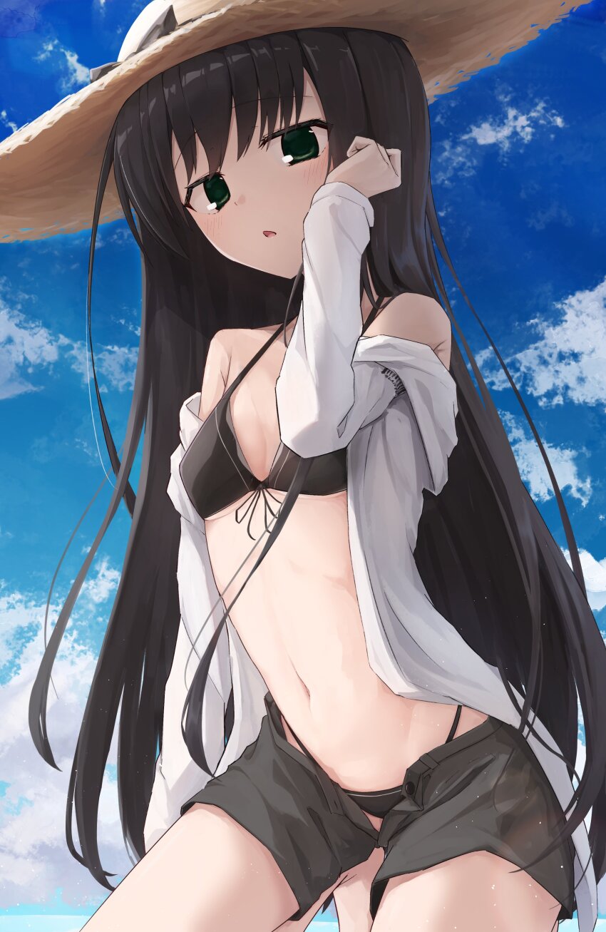 1girl absurdres alternate_costume arm_at_side bare_shoulders bikini black_bikini black_bow black_hair black_shorts blue_sky blush bow breasts commentary cowboy_shot day green_eyes hair_between_eyes hand_up hat hat_bow highres kneeling long_hair looking_at_viewer natsume_ai navel open_clothes open_mouth open_shirt open_shorts outdoors sakura_no_toki sakura_no_uta shirt shorts sky small_breasts solo stomach straight_hair straw_hat swimsuit takoyaki032002 very_long_hair white_shirt
