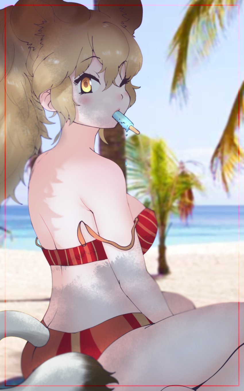 1girl animal_ear_fluff animal_ears beach bikini blonde_hair breasts cats_yone food highres ice_cream kemono_friends kemono_friends_3 lion_(kemono_friends) lion_ears lion_girl lion_tail long_hair looking_at_viewer one_eye_closed red_bikini solo swimsuit tail yellow_eyes
