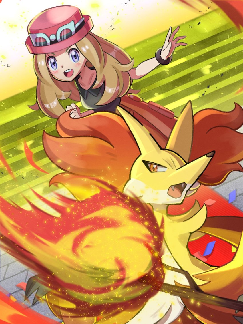 1girl animal_ear_fluff blonde_hair blush clenched_hand collarbone delphox eyewear_on_head fangs fire gen_6_pokemon hat high-waist_skirt highres inana_umi looking_at_viewer mega_ring nintendo open_mouth pleated_skirt pokemon pokemon_(creature) pokemon_xy red_fur serena_(pokemon) skirt stairs sunglasses teeth yellow_fur