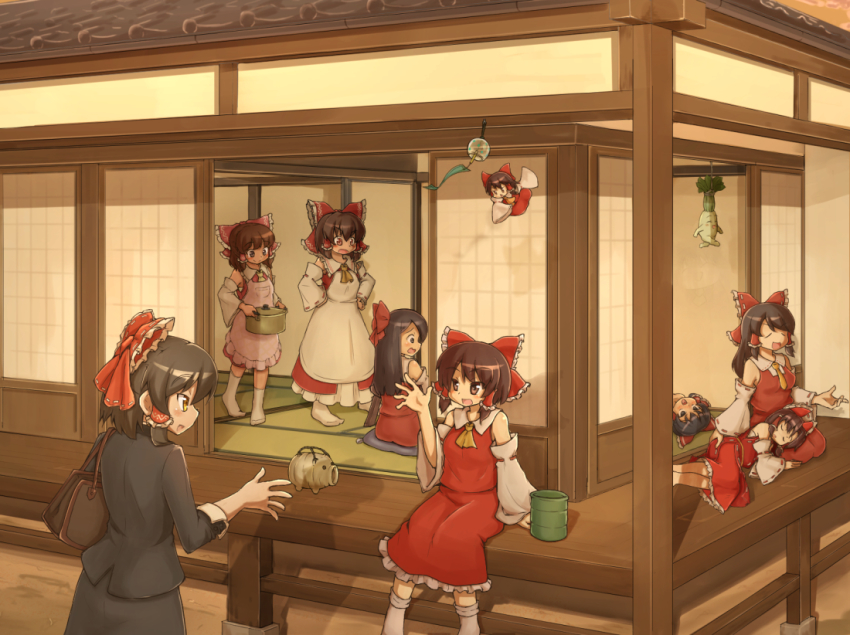 6+girls apron ascot bag benikurage_(cookie) black_eyes black_hair black_jacket black_skirt blush bow breasts brown_eyes brown_hair closed_eyes closed_mouth collared_shirt commentary_request cookie_(touhou) cup daikon detached_sleeves dress feet_out_of_frame frilled_bow frilled_hair_tubes frilled_shirt_collar frilled_skirt frills full_body hair_bow hair_tubes hakurei_reimu jacket kanna_(cookie) knb_(nicoseiga53198051) long_hair looking_at_another medium_breasts medium_hair multiple_girls noel_(cookie) office_lady open_mouth outdoors pink_apron porch radish red_bow red_dress red_eyes red_shirt red_skirt reu_(cookie) reu_daikon ribbon-trimmed_sleeves ribbon_trim rurima_(cookie) sakenomi_(cookie) sananana_(cookie) sarashi shinonome_(cookie) shiromiya_rei shirt short_hair shouji sidelocks skirt skirt_set sleeveless sleeveless_dress sleeveless_shirt sliding_doors small_breasts smile tatami touhou triangle_mouth white_apron white_sleeves wide_sleeves wind_chime yellow_ascot yunomi
