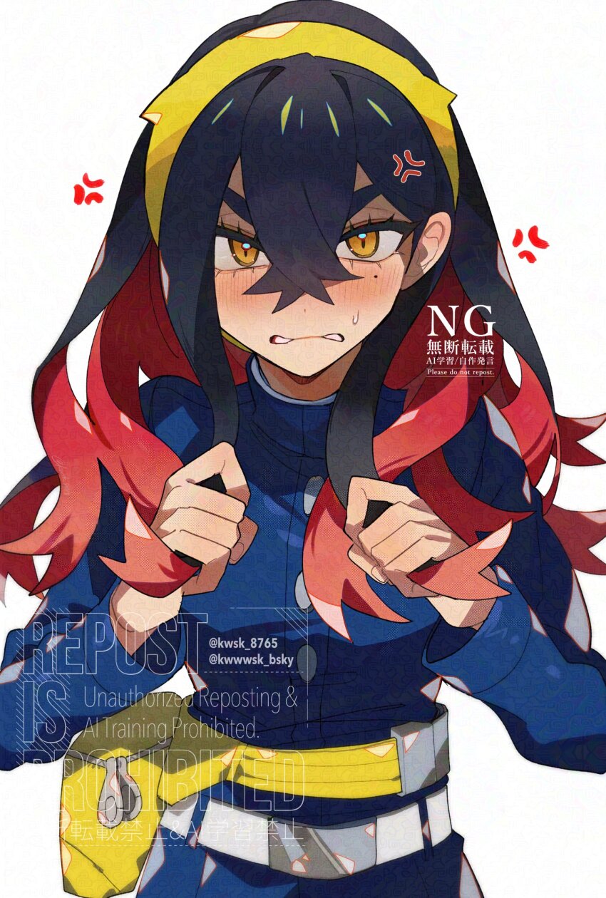 1girl anger_vein black_hair blue_jacket blush carmine_(pokemon) colored_inner_hair crossed_bangs fanny_pack hair_between_eyes hairband highres holding holding_own_hair jacket kawasaki_(kwsk_8765) long_hair long_sleeves looking_at_viewer mole mole_under_eye multicolored_hair nintendo pokemon pokemon_sv red_hair solo two-tone_hair white_background yellow_eyes yellow_hairband