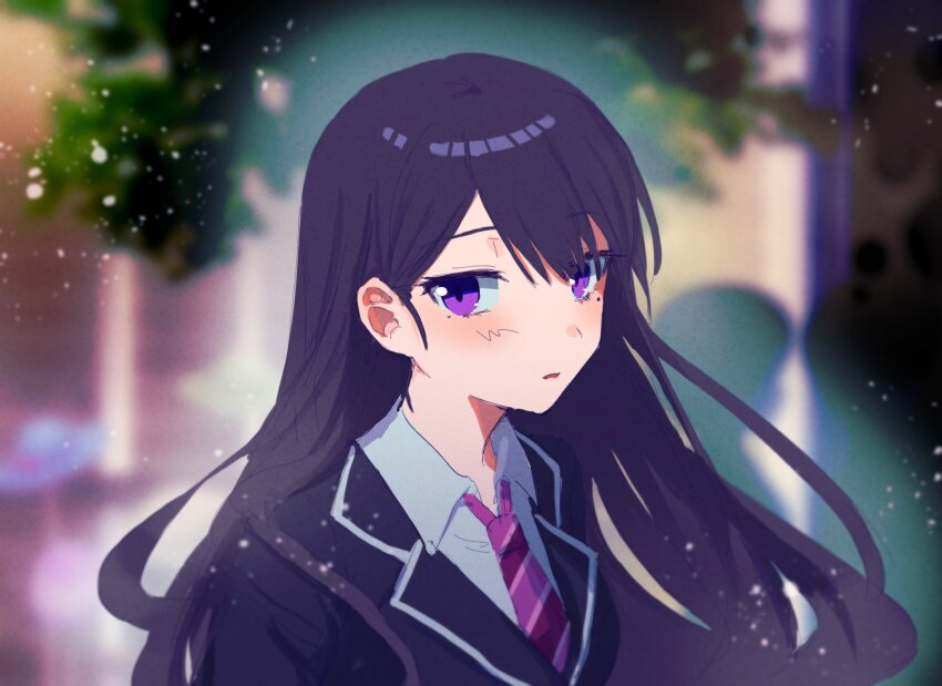 1girl bang_dream! bang_dream!_it&#039;s_mygo!!!!! birthday1730225 black_hair black_jacket blurry blurry_background blush collared_shirt commentary diagonal-striped_clothes diagonal-striped_necktie haneoka_school_uniform hashtag-only_commentary highres jacket long_hair looking_at_viewer mole mole_under_eye necktie open_mouth purple_eyes purple_necktie school_uniform shiina_taki shirt solo striped_clothes upper_body white_shirt