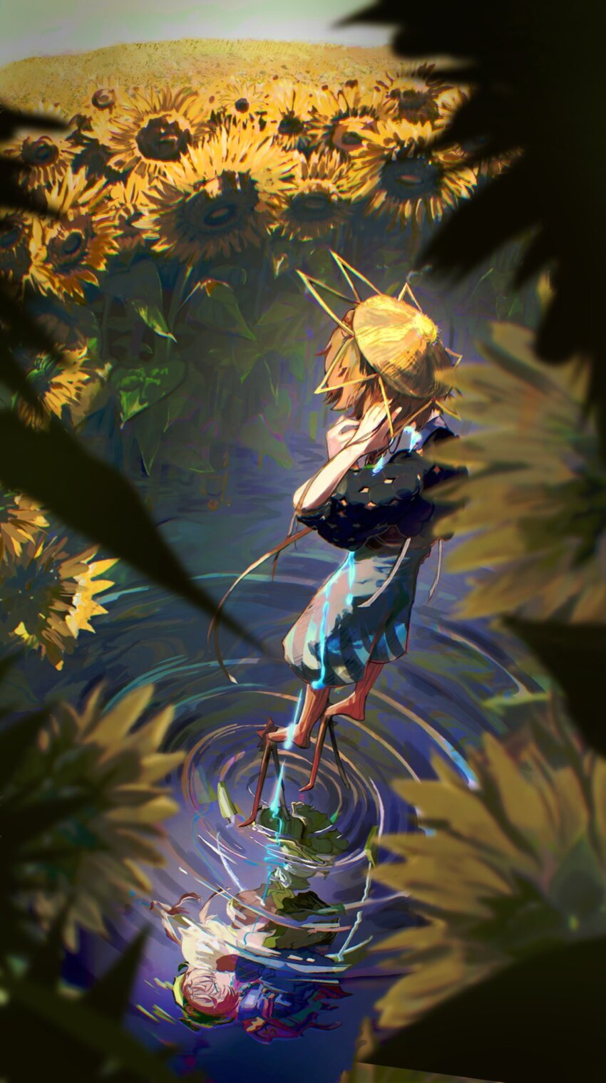 1girl different_reflection fate/grand_order fate_(series) field flower flower_field full_body highres long_hair looking_down nana7hishimeku orange_hair reflection ripples solo sunflower sunflower_field van_gogh_(fate) water