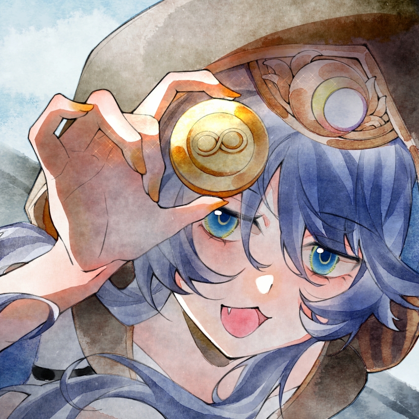 1girl aqua_eyes cipher_(honkai:_star_rail) close-up cloud cloudy_sky coin commentary fang grey_hair hair_between_eyes hand_up highres holding holding_coin honkai:_star_rail honkai_(series) hood hood_up light_blush long_hair looking_at_viewer looking_to_the_side multicolored_eyes open_mouth orange_nails shade shousupowanyuwenzhou611 sky smug solo swept_bangs symbol-only_commentary upper_body