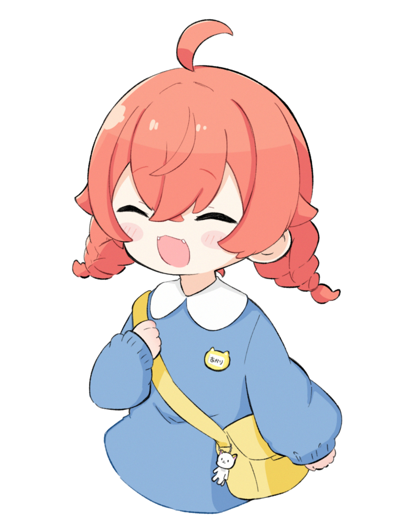 1girl :d ^_^ ahoge bag bag_charm blue_dress blush_stickers braid charm_(object) chibi closed_eyes collared_dress commentary cropped_torso dress facing_viewer fangs hair_between_eyes highres kindergarten_bag kindergarten_uniform long_hair long_sleeves low_twintails nijisanji nozo_(hitomiz) open_mouth orange_hair puffy_long_sleeves puffy_sleeves shishido_akari shoulder_bag simple_background sleeves_past_wrists smile solo twin_braids twintails upper_body virtual_youtuber white_background