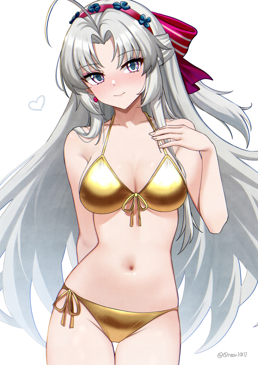 1girl absurdres ahoge alternate_costume aqua_eyes bare_shoulders bikini blush bow breasts carlotta_(wuthering_waves) closed_mouth collarbone commentary cowboy_shot front-tie_bikini_top front-tie_top gold_bikini grey_hair groin hair_bow hairband heart highres large_breasts long_hair looking_at_viewer nassss navel parted_bangs pink_bow pink_hairband side-tie_bikini_bottom simple_background smile solo stomach striped_bow swimsuit very_long_hair white_background wuthering_waves