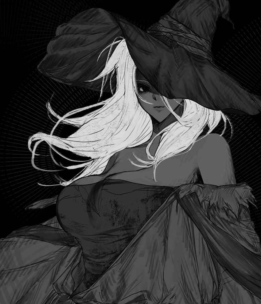 1girl bare_shoulders breasts cleavage dark-skinned_female dark_skin elden_ring elden_ring_nightreign hat highres large_hat limited_palette long_hair recluse_(elden_ring) solo white_hair witch witch_hat xxcurooxx