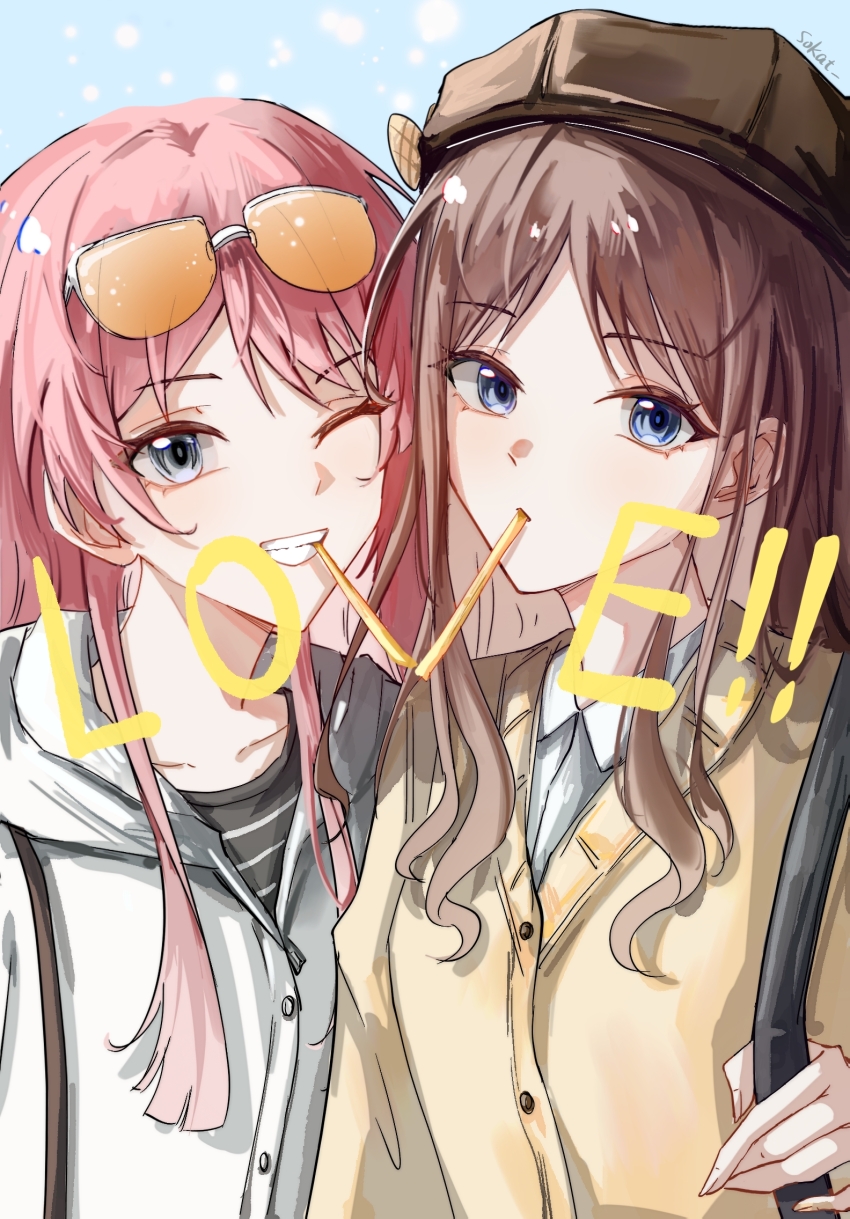 2girls bang_dream! bang_dream!_it&#039;s_mygo!!!!! black_shirt blue_eyes brown_cardigan brown_hair brown_hat cardigan cassius_(pixiv_21496909) chihaya_anon closed_mouth commentary eyewear_on_head grey_eyes grey_jacket hat highres jacket long_hair mouth_hold multiple_girls nagasaki_soyo pink_hair shirt sidelocks upper_body